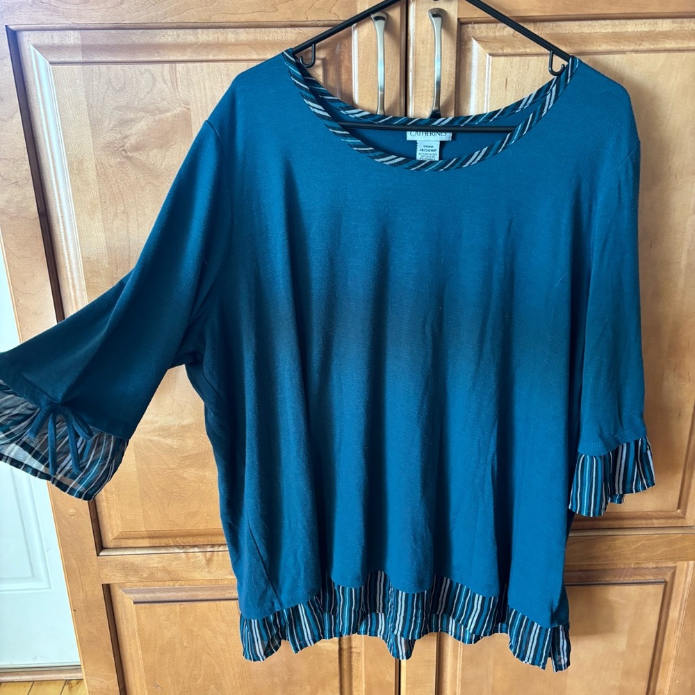 Catherines 1XWP Teal Tunic Top with Striped Ruffle Trim